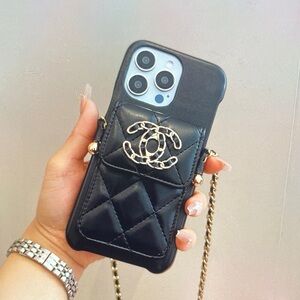 Black Quilted Phone Crossbody Case with Gold Chain